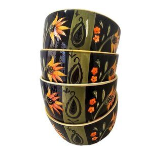 222 Fifth Arabian Flower Set of 4 Cereal Dessert Bowls Black Green Orange